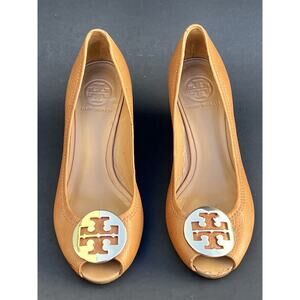 TORY BURCH Julianne Wedge Peep-Toe Brown Leather Pumps Women's Size 7.5 US